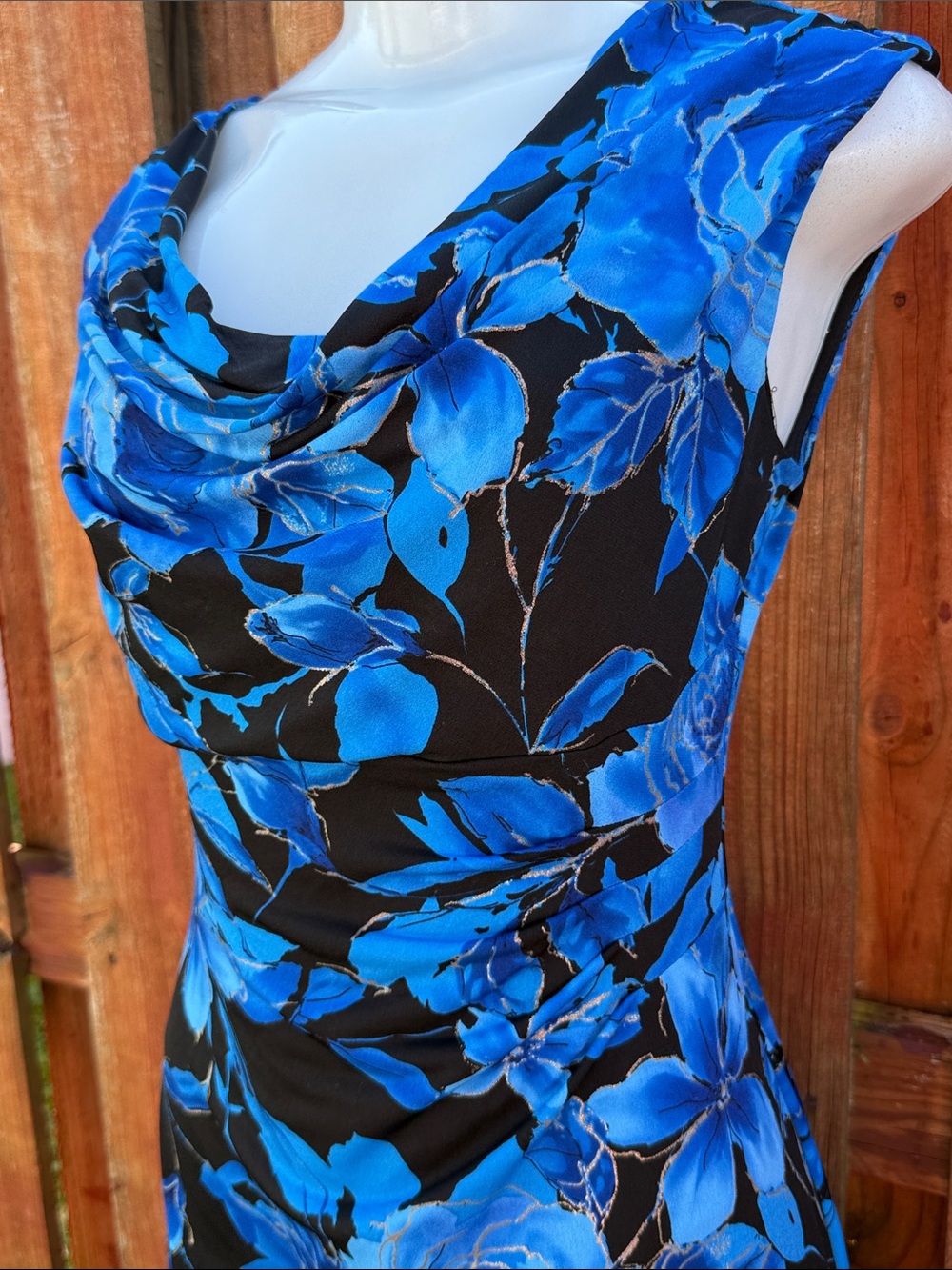 connected apparel Black and Blue Floral Cowl Neck Midi Dress Size 4 - Picture 3 of 8